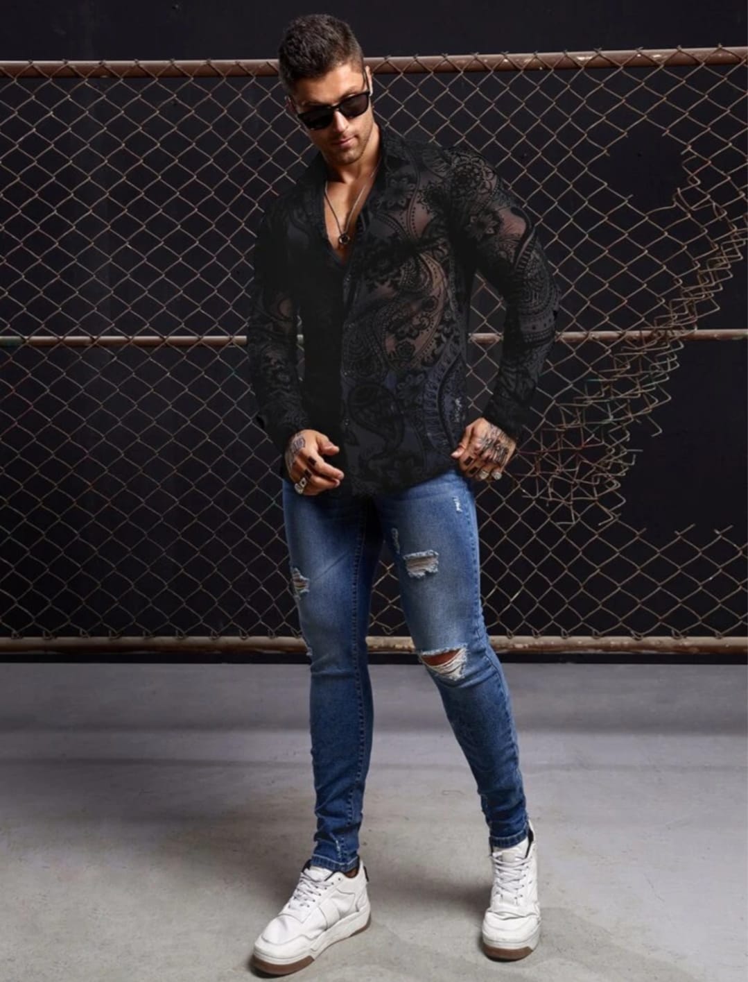 Men's Black Sheer Floral Printed Slim Fit Shirt